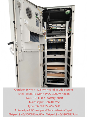 टेलीकॉम हाइब्रिड सिस्टम सोलर आउटडोर कैबिनेट 36KW+12.8KW स्मार्टपैक 2 कंट्रोलर के साथ